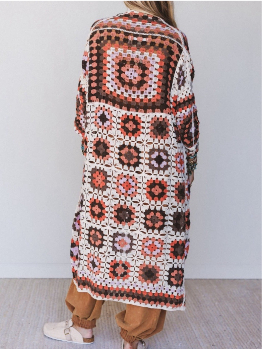 Three Bird Nest Crochet Cardigan Boho Granny Square Duster Open Knit S/M